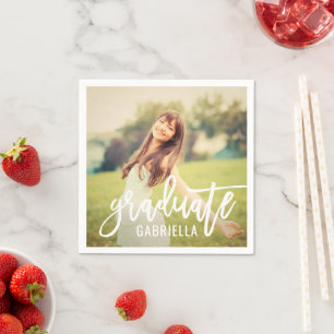 Modern White Brushed Script Graduate Photo Napkin