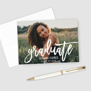 Modern White Brushed Script Graduation Photo Thank You Card