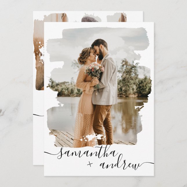 Modern white brushstroke script 2 photos wedding invitation (Front/Back)
