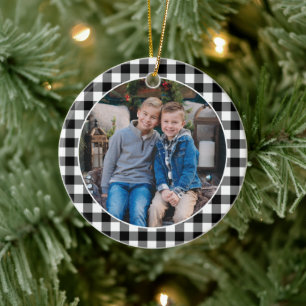 Modern White Buffalo Plaid Christmas Family Photo Ceramic Ornament