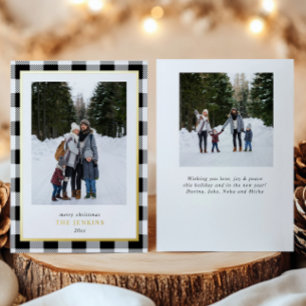 Modern White Buffalo Plaid Christmas Two Photos Foil Holiday Card