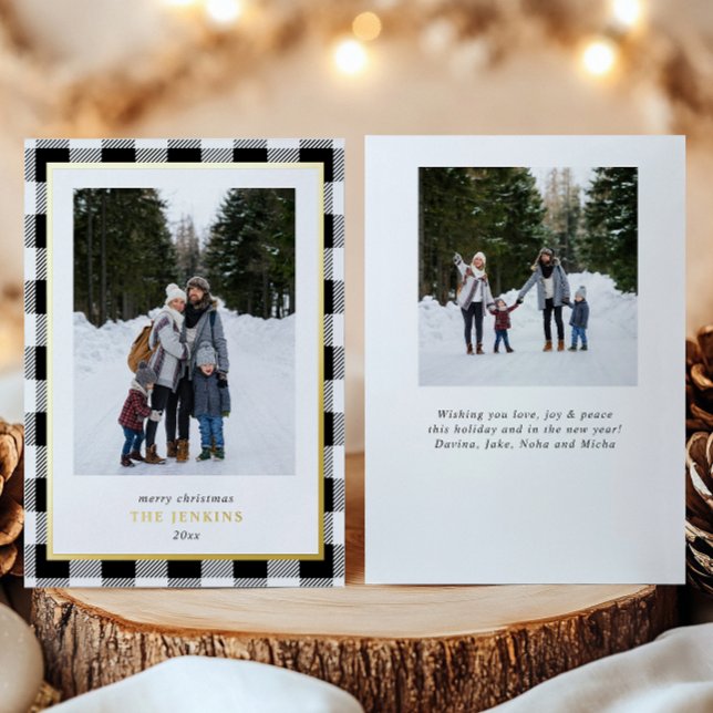 Modern White Buffalo Plaid Christmas Two Photos Foil Holiday Card (Creator Uploaded)