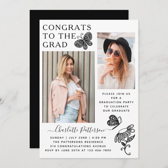 Modern White Butterfly Photo Graduation Party Invitation (Front/Back)