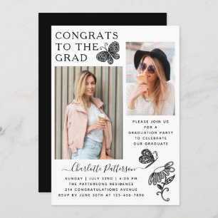 Modern White Butterfly Photo Graduation Party Invitation