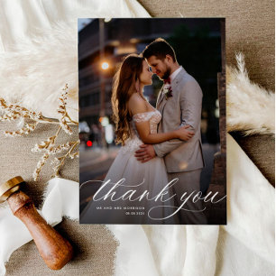 modern white calligraphy wedding thank you card