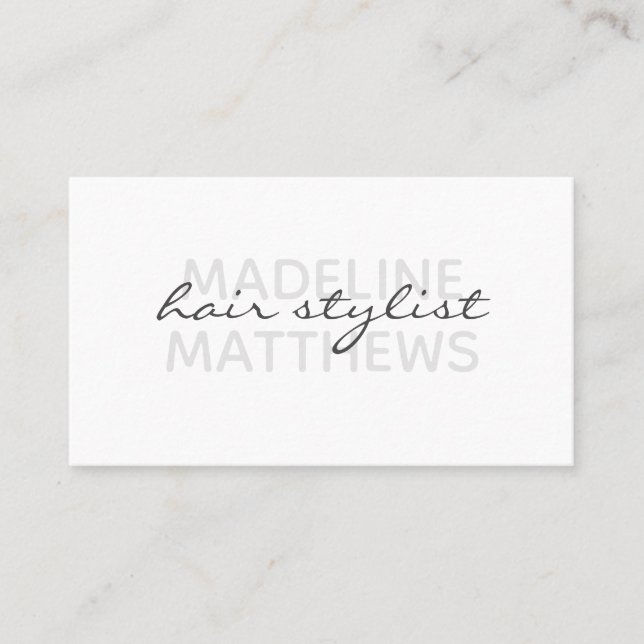 Modern White Chic Hair Stylist Script Name Stylish Business Card (Front)
