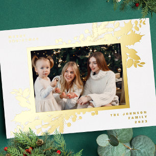 Modern White Christmas Botanical Photo GOLD Frame Foil Holiday Card