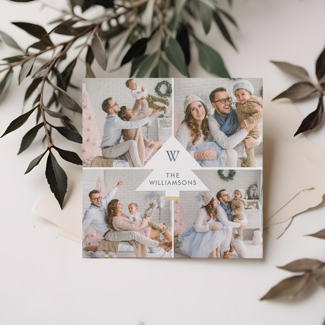 Modern White Christmas Tree Monogram Four Photo Holiday Card (Modern White Christmas Tree Monogram Four Photo Holiday Card)