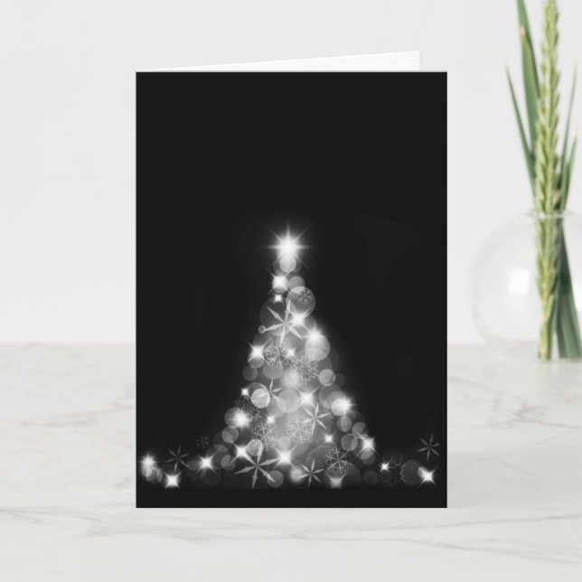 Modern White Christmas Tree on Black Greeting Card (Front)