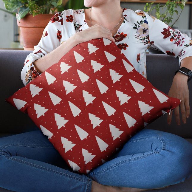 Modern White Christmas Trees festive red holidays Cushion (Creator Uploaded)