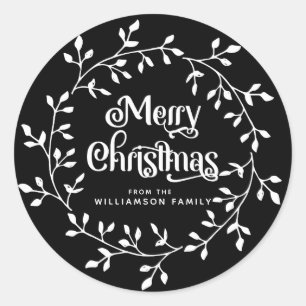 Modern White Christmas Wreath Black Envelope Seal