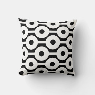 Modern White Circles and Stripes on Black Cushion