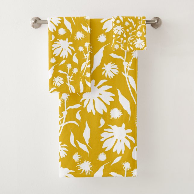 Modern White Cone Flowers on Mustard Yellow Bath Towel Set (Insitu)