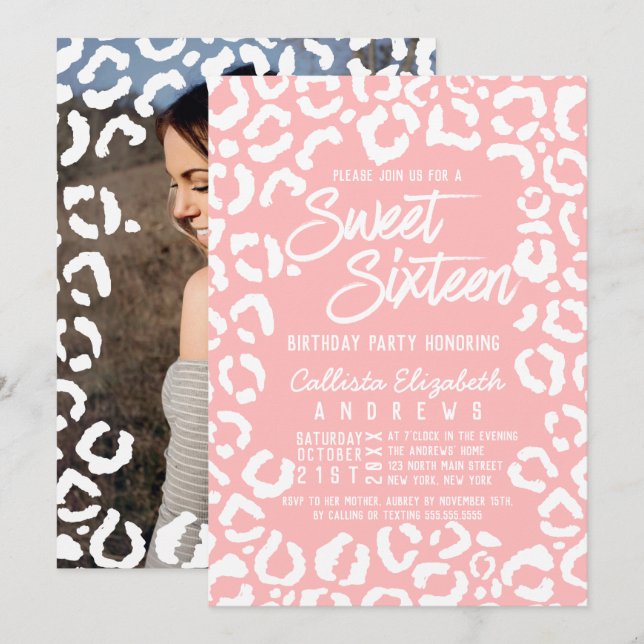 Modern White Coral Cheetah Leopard Sweet 16 Photo Invitation (Front/Back)