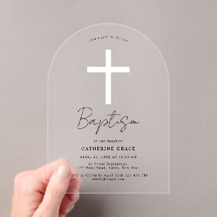 Modern White Cross Baptism & Christening Acrylic Invitations