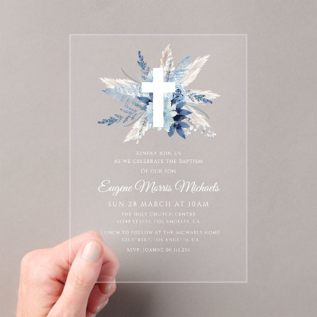 Modern white cross blue floral dedication  acrylic invitations (Insitu (Handheld))