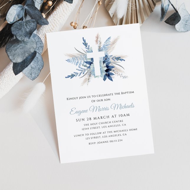 modern white cross blue floral dedication  invitation (Creator Uploaded)