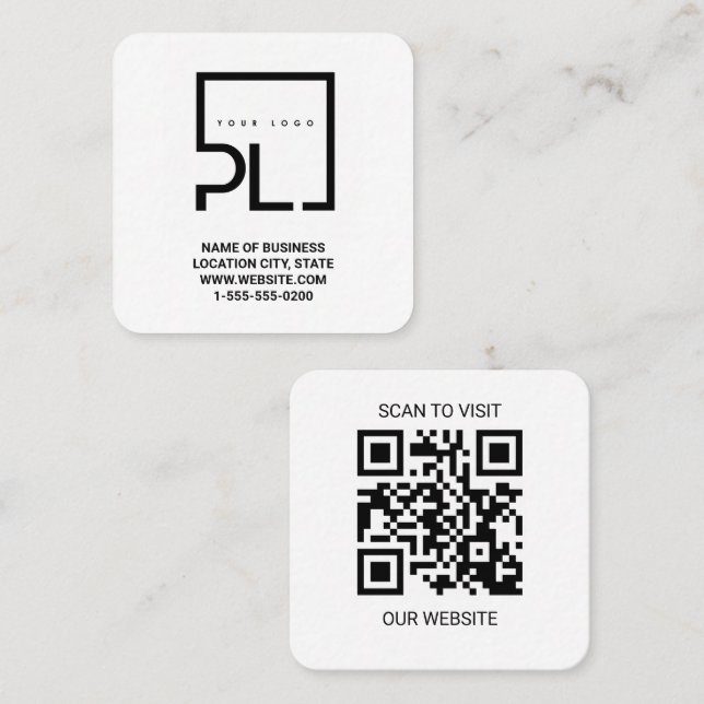 Modern White Custom Logo and QR Code Square Busine Business Card (Front/Back)