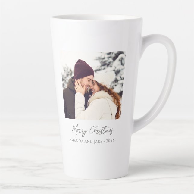 Modern White Custom Merry Christmas Photo Latte Mug (Right)