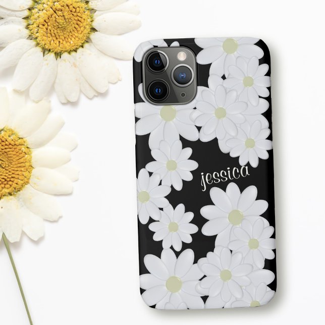 Modern White Daisy Flower Pattern Name Black Case-Mate iPhone Case (A black and white daisy pattern phone case with space for your name)