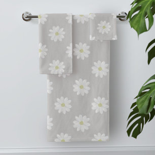 Modern White Daisy Pattern Silver Grey Bath Towels