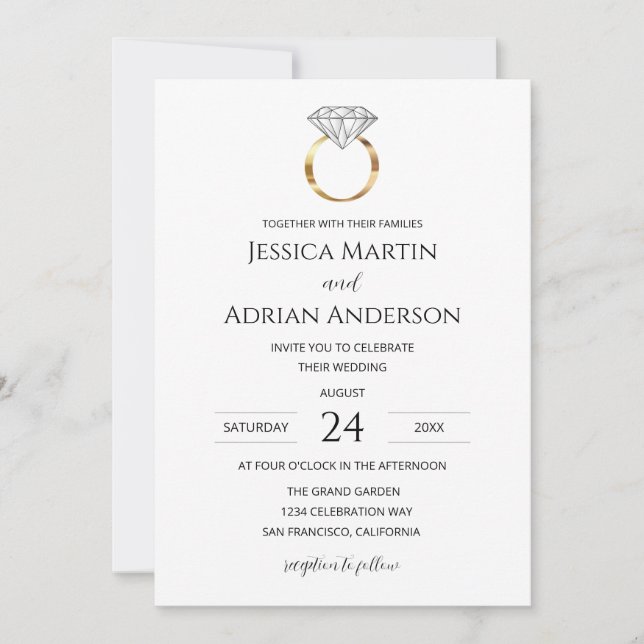 Modern White Diamond Ring Wedding Invitation (Front)