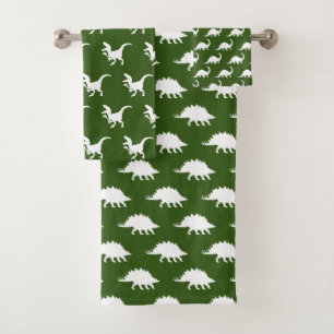 Modern White Dinosaurs & Dark Green Bath Towel Set