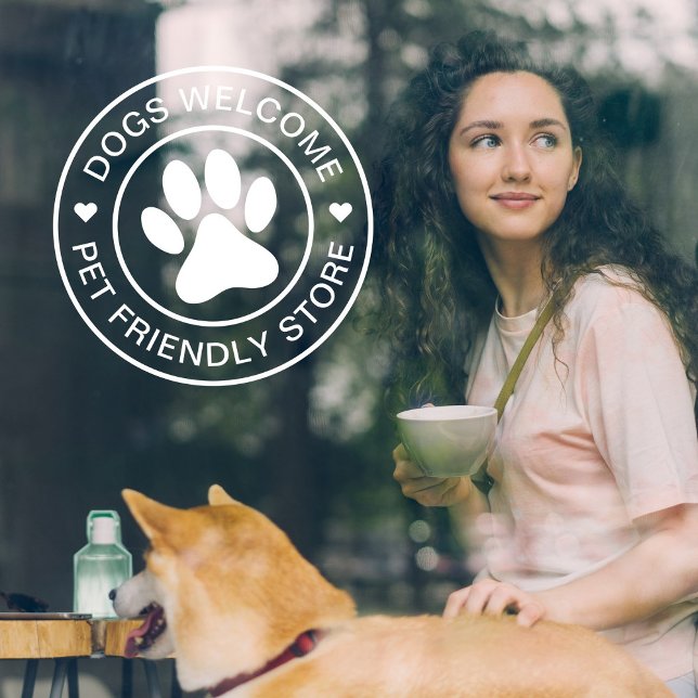 Modern White Dogs Welcome Pet Friendly Store (Modern, minimalist "Dogs Welcome - Pet Friendly Store" window cling. Window decal for pet lovers.)