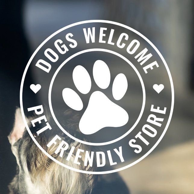 Modern White Dogs Welcome Pet Friendly Store (Modern, minimalist round window cling for dog-loving shop owners in white with pet paw logo.)