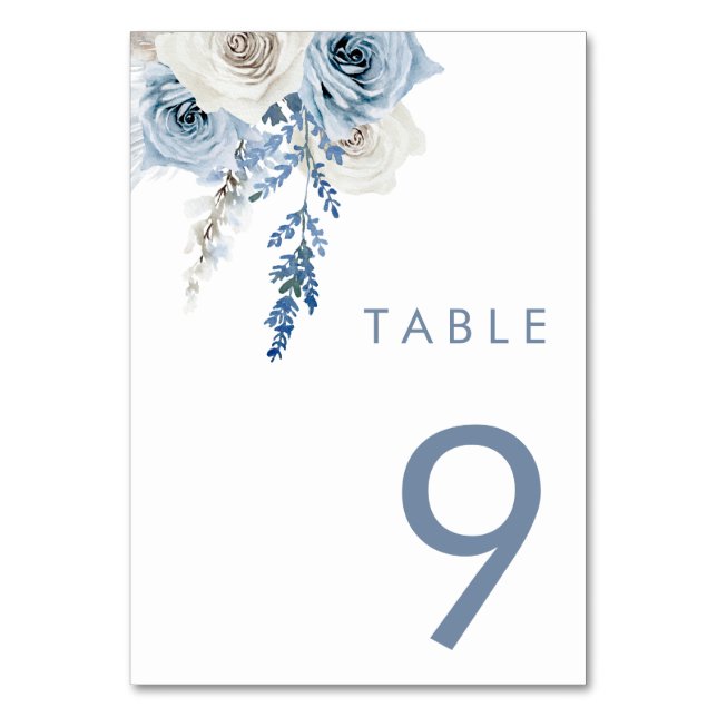 Modern White & Dusty Blue Wedding Table Number (Front)