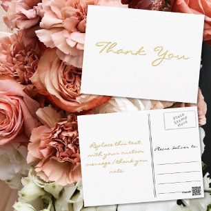 Modern White Elegant Faux Gold Script Thank You Postcard