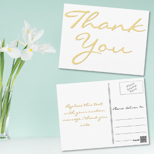 Modern White Elegant Faux Gold Script Thank You Postcard