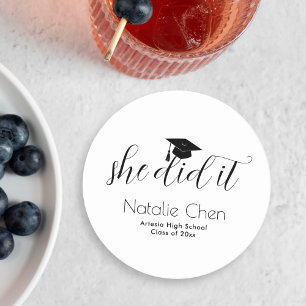 Modern White Elegant Fonts Graduation Round Paper Coaster