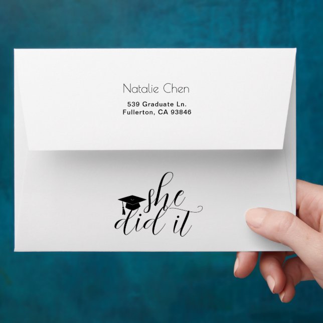 Modern White Elegant She Did It Graduation Invite Envelope (Hand)