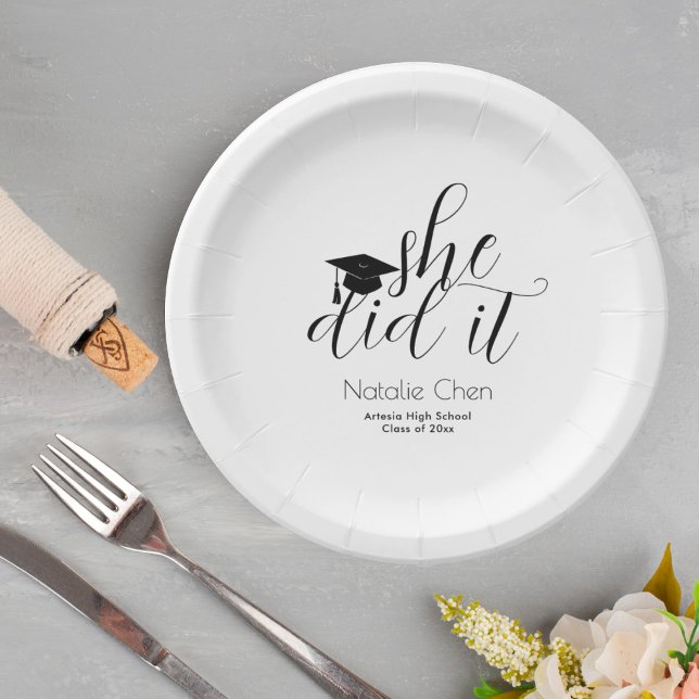 Modern White Elegant She Did It Graduation Paper Plate (Creator Uploaded)