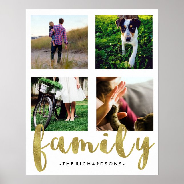 Modern White Family Photo Grid with Faux Gold Foil Poster (Front)