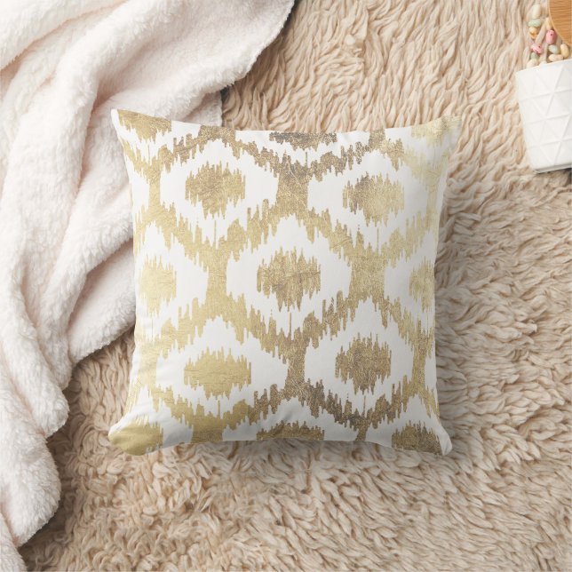 Modern White Faux Gold Hand Drawn Ikat Pattern Cushion (Blanket)