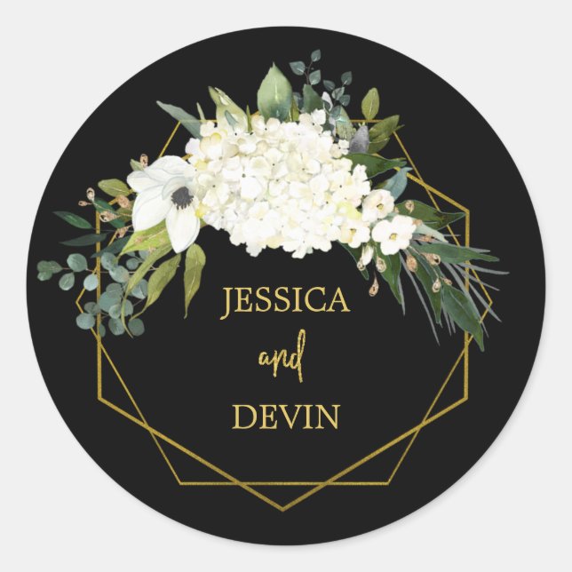 Modern White Floral Black Gold Frame Wedding Classic Round Sticker (Front)