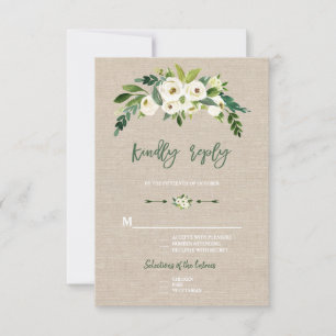 Modern White Floral Burlap Handwriting RSVP