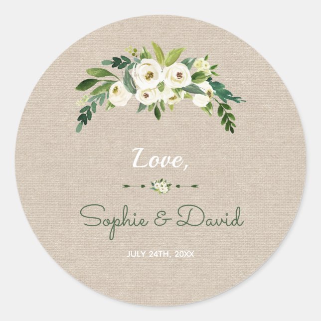 Modern White Floral Burlap Handwriting Wedding Classic Round Sticker (Front)