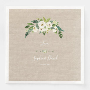 Modern White Floral Burlap Handwriting Wedding Napkin