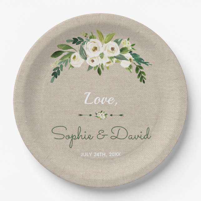 Modern White Floral Burlap Handwriting Wedding Paper Plate (Front)