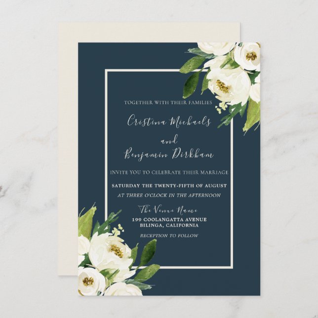 Modern White Floral Elegant Greenery Wedding Invitation (Front/Back)