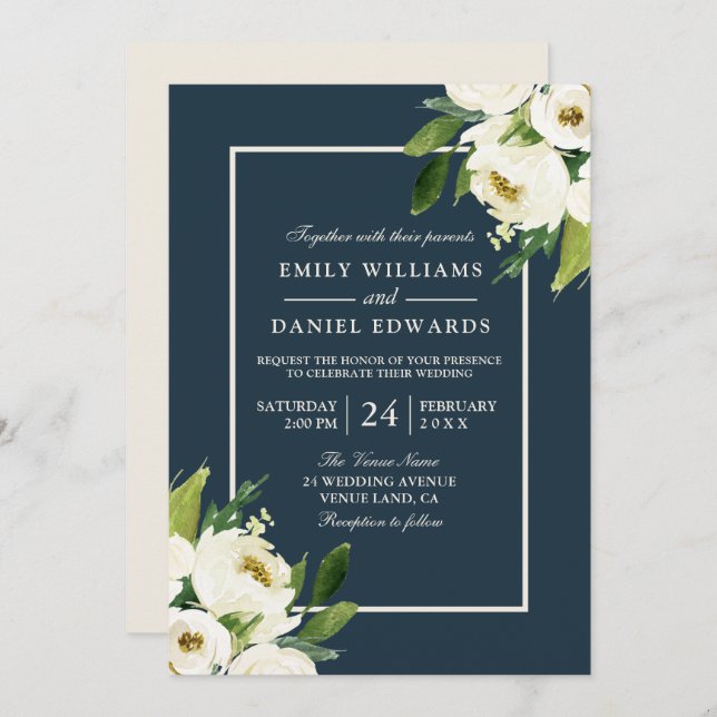 Modern White Floral Elegant Greenery Wedding Invitation (Front/Back)
