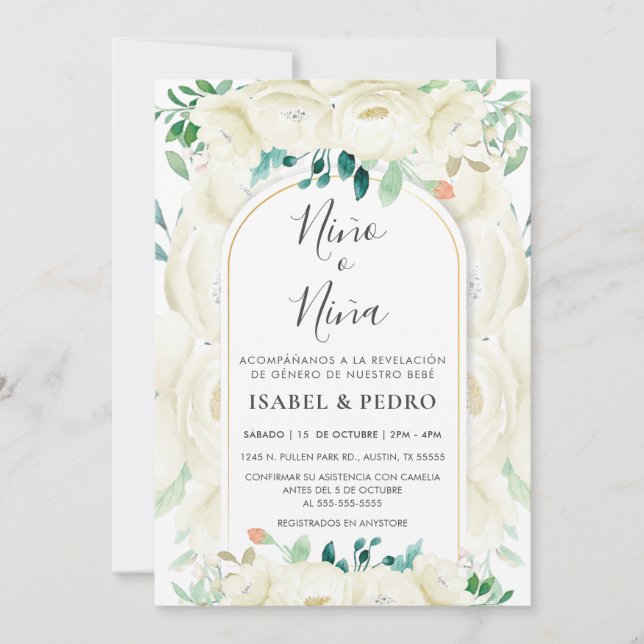 Modern White Floral Garden Spanish Gender Reveal Invitation (Front)