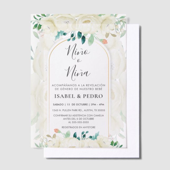 Modern White Floral Garden Spanish Gender Reveal Vellum Invitations (Offset)