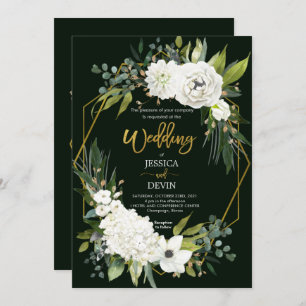 Modern White Floral Gold Frame Wedding Invitation