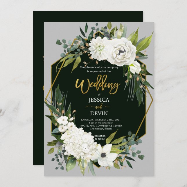 Modern White Floral Gold Grey Wedding Invitation (Front/Back)