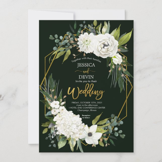 Modern White Floral Greenery Gold Frame Wedding Invitation (Front)