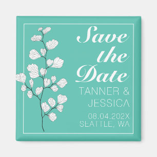 Modern White Floral on Aqua Save The Date  Magnet